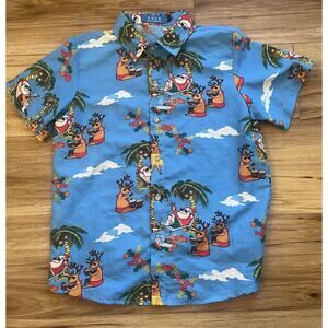 SSLR Shirt Boys Medium Blue Hawaiian‎ Santa Reindeer Christmas Aloha Holiday